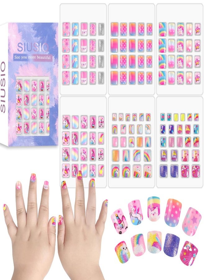 SIUSIO 6 Pack Press on Nails kids Children Acrylic Fake Nails Cute Pre-glue Full Cover Gradient Color Rainbow Short Stick On False Nail Art Kits Set for Kids Little Girls - Rainbow Dream - Image 1